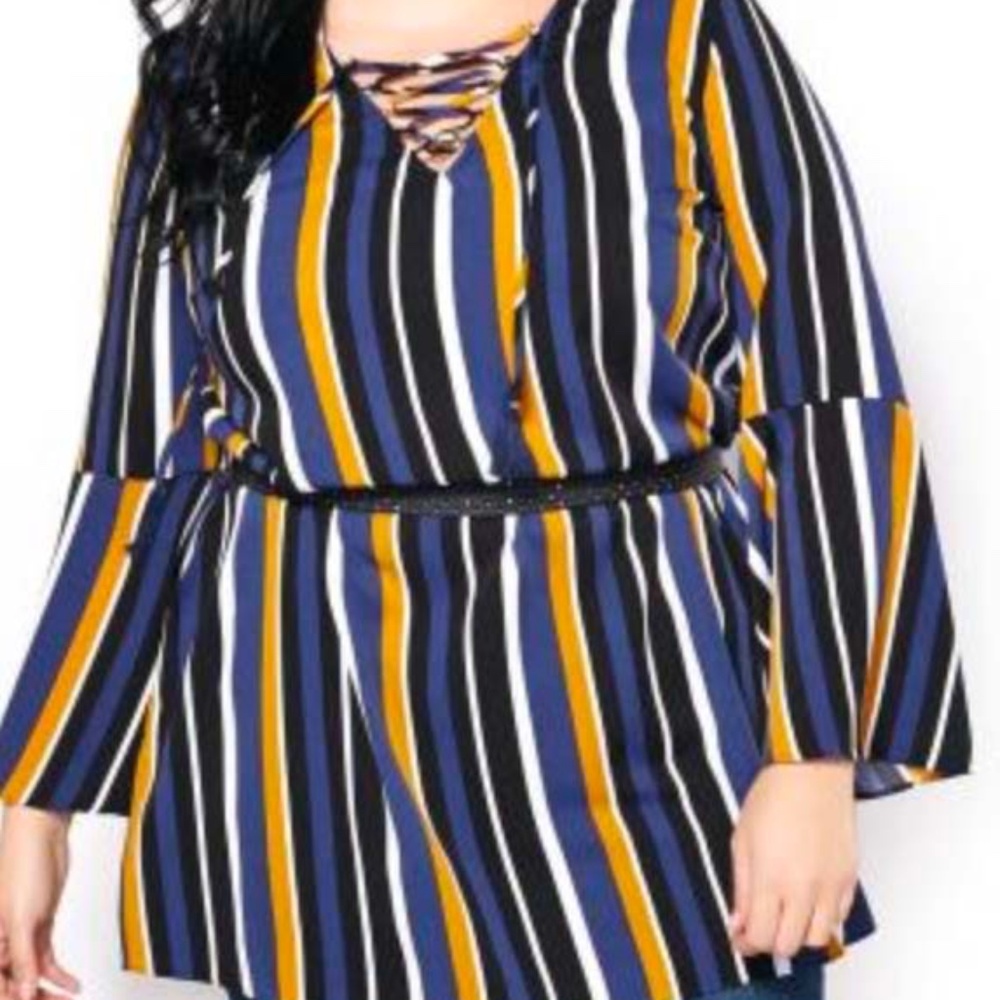 TUNIC, VERTICAL STRIPE, COLOUR: MOCHA BISQUE, SIZE 4X, LONG SLEEVES IN BELL SHAP